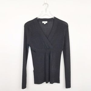 LOFT Metallic Stitched Black V Neck Top